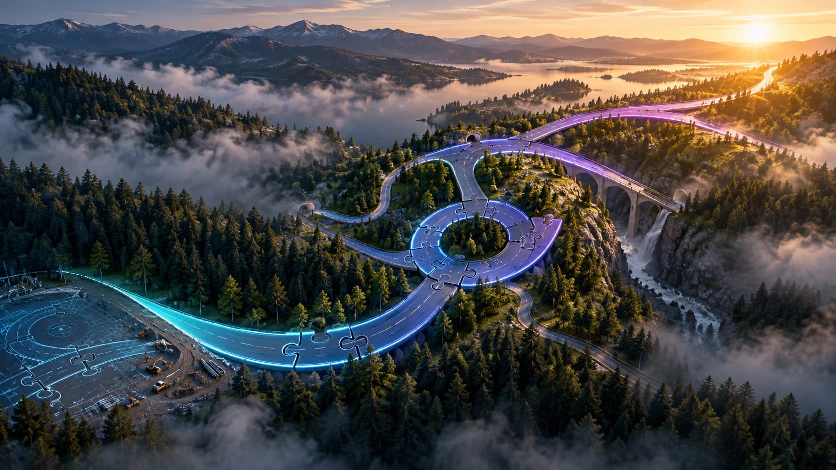 A road inspired by Future Blick's connected puzzle shapes leads from a blueprint toward a sunlit destination